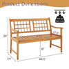 Patio acacia wood bench dimensions showing slatted seat, curved armrests, and 800 lbs load capacity for outdoor use.
