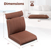 Folding floor chair in brown with adjustable backrest and headrest, ideal for lounging, gaming, or reading. Dimensions.
