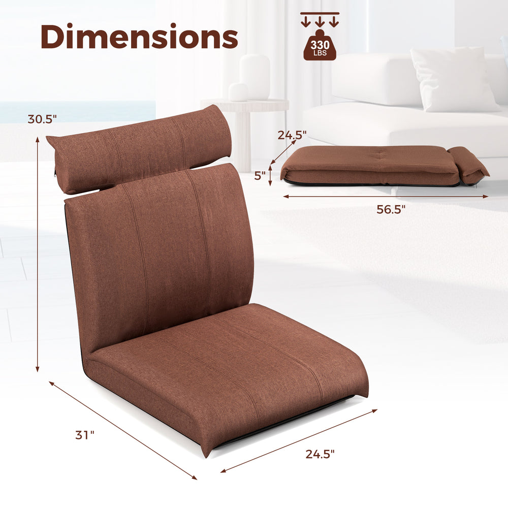 Folding floor chair in brown with adjustable backrest and headrest, ideal for lounging, gaming, or reading. Dimensions.