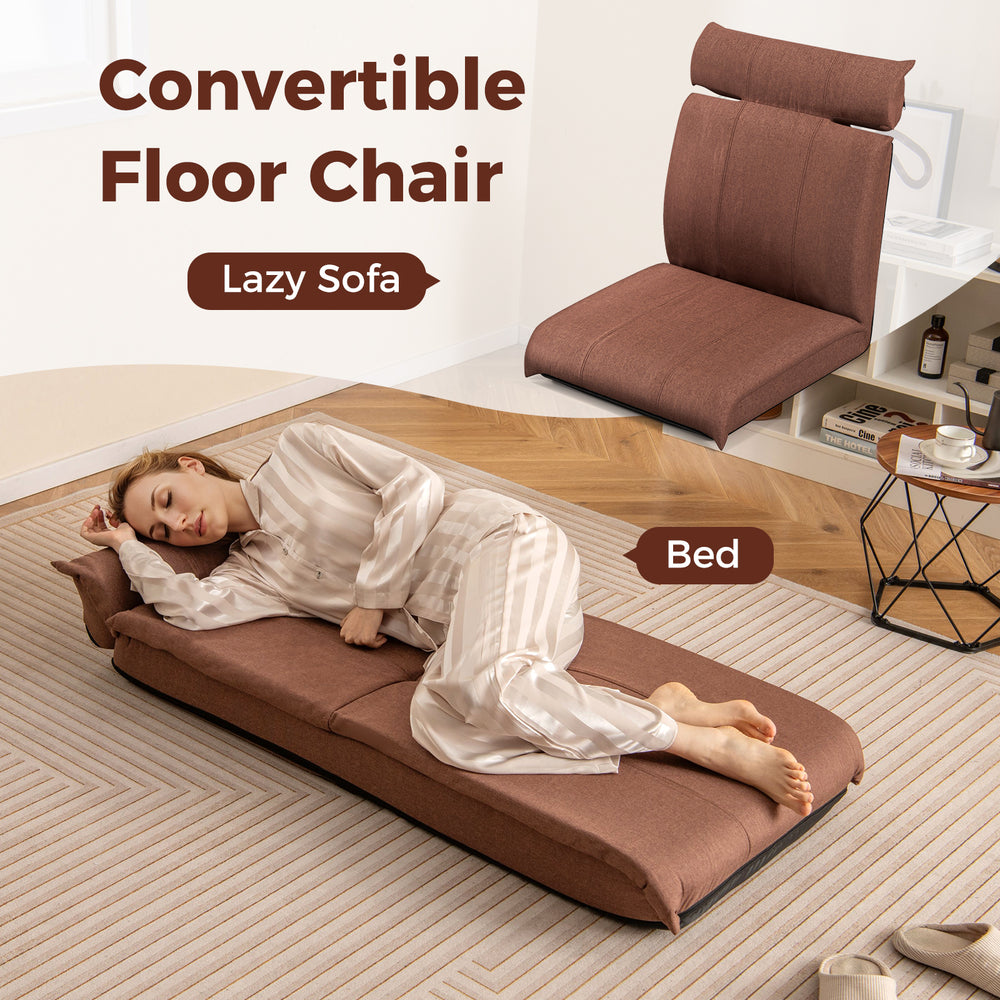 Convertible floor chair in brown with adjustable backrest and headrest, perfect for lounging or napping.