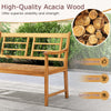 Patio acacia wood bench with curved armrests, slatted seat, and backrest, ideal for backyard or garden use.