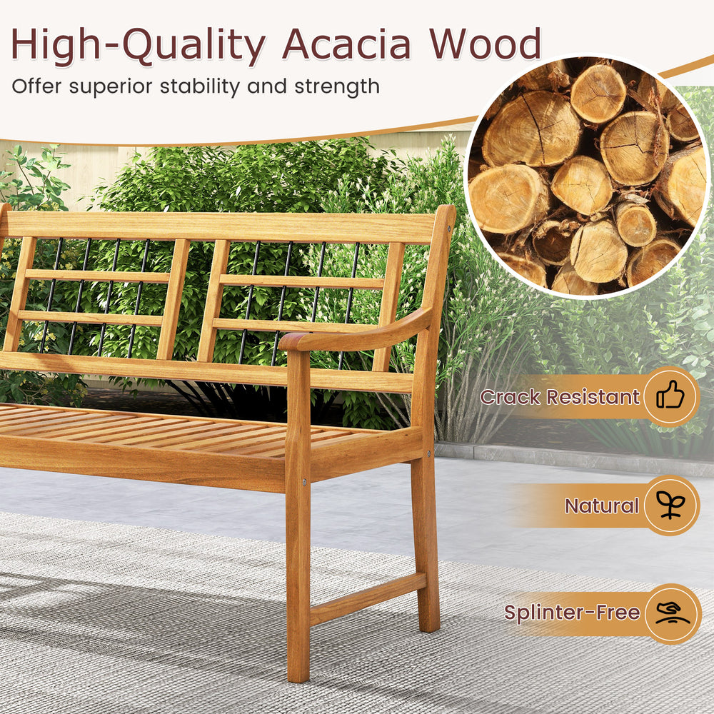 Patio acacia wood bench with curved armrests, slatted seat, and backrest, ideal for backyard or garden use.