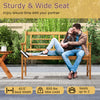 Acacia wood patio bench with curved armrests, slatted seat, and backrest, seats 2, ideal for backyard relaxation.