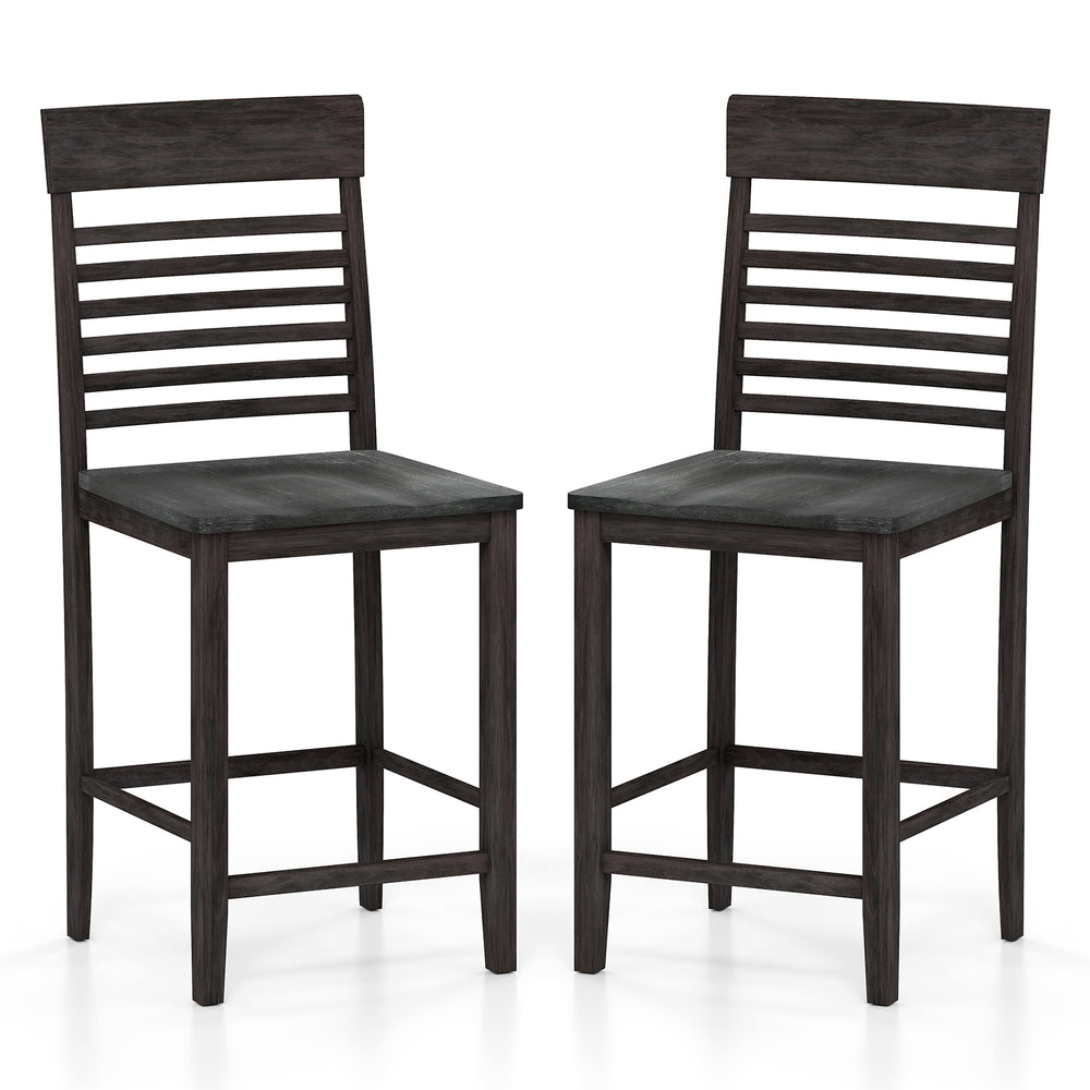 Set of 2 gray dining chairs with slatted backrests and footrests, made of solid rubber wood for stability and comfort.