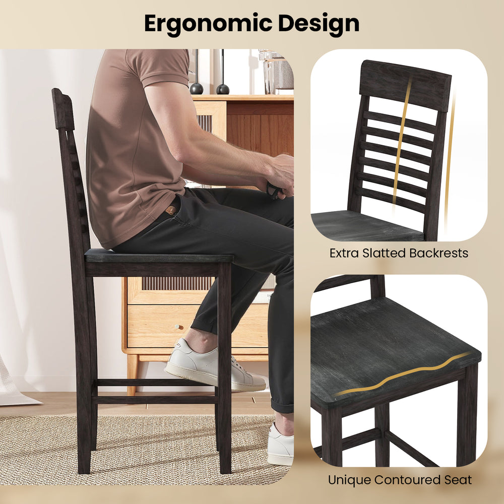 Side view of a gray dining chair showcasing ergonomic design, slatted backrests, and solid wood frame for comfort.
