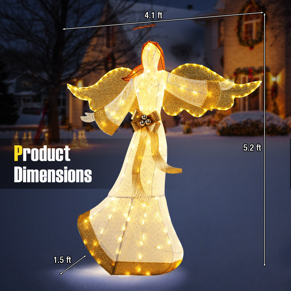 5.2-foot Christmas pre-lit angel with halo wings, adorned with 180 warm white LED lights for outdoor decoration.