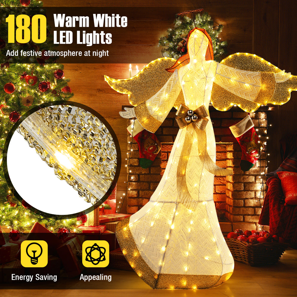 5.2 feet pre-lit Christmas angel with halo wings, 180 warm white LED lights, perfect for outdoor holiday decor.