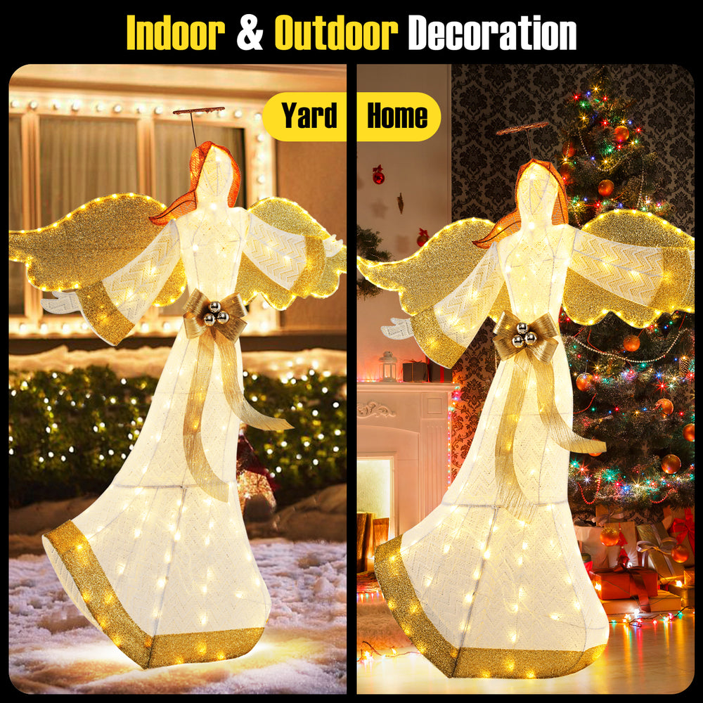 5.2 feet pre-lit Christmas angel with halo wings, 180 warm white LED lights, perfect for indoor and outdoor decoration.