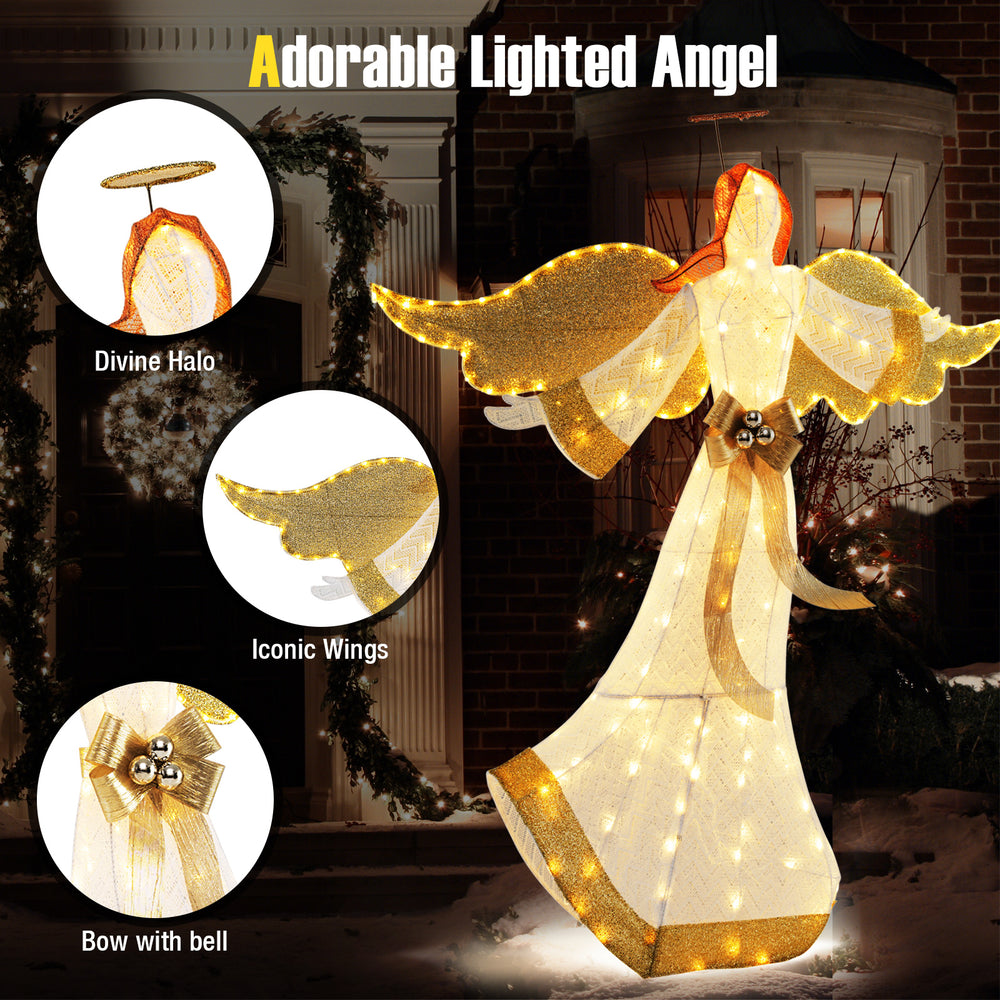 5.2 feet pre-lit Christmas angel with halo and wings, adorned with a bow and bell, illuminated by 180 warm white LED.