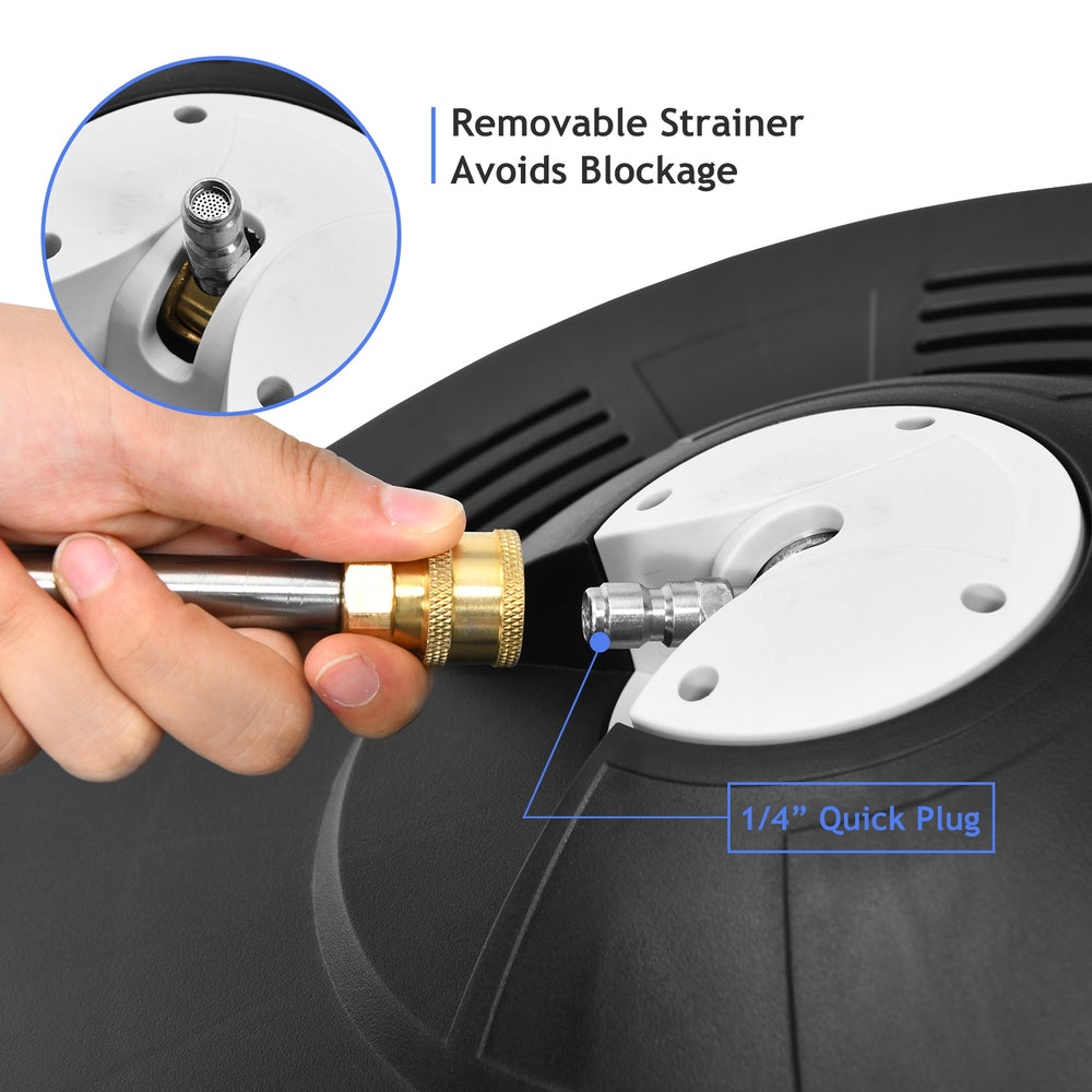 Close-up of the 16-inch pressure washer's 1/4-inch quick-connect plug and removable strainer for easy maintenance.