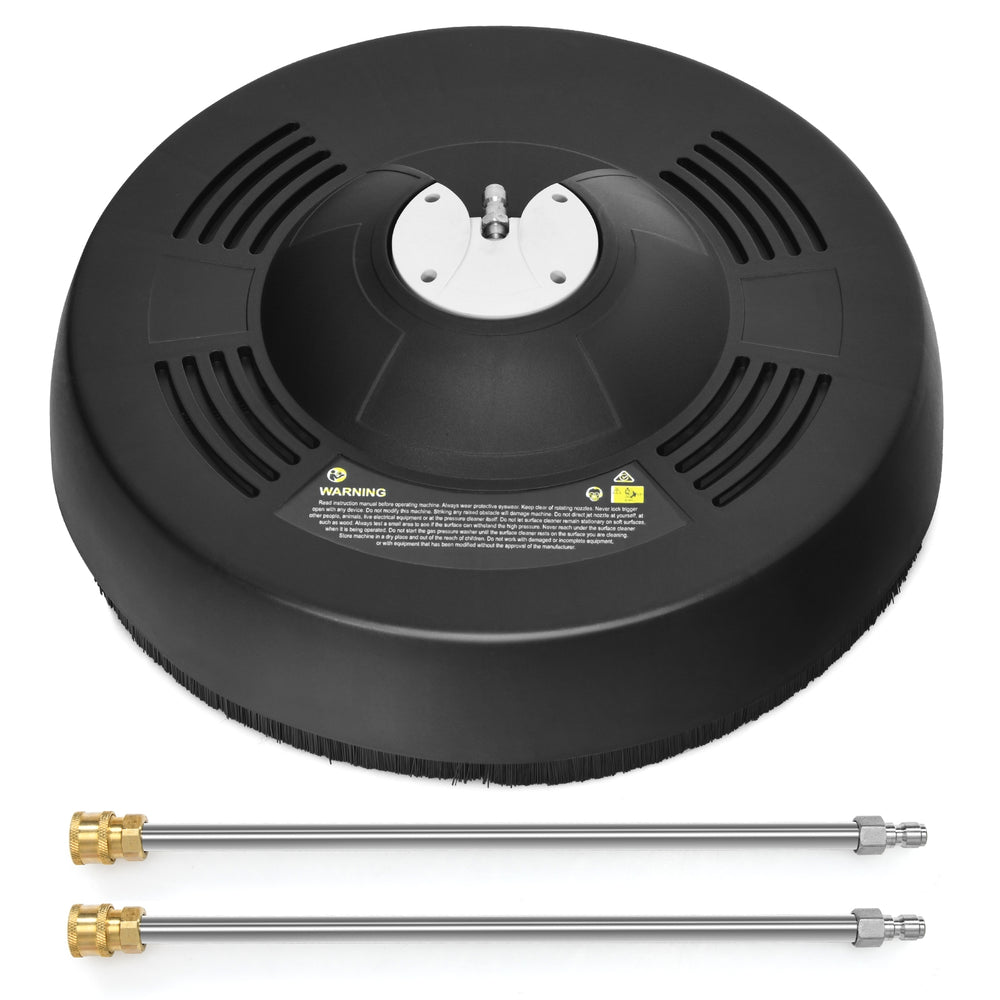 16-inch pressure washer surface cleaner with two extension wands for efficient outdoor cleaning and splash protection.