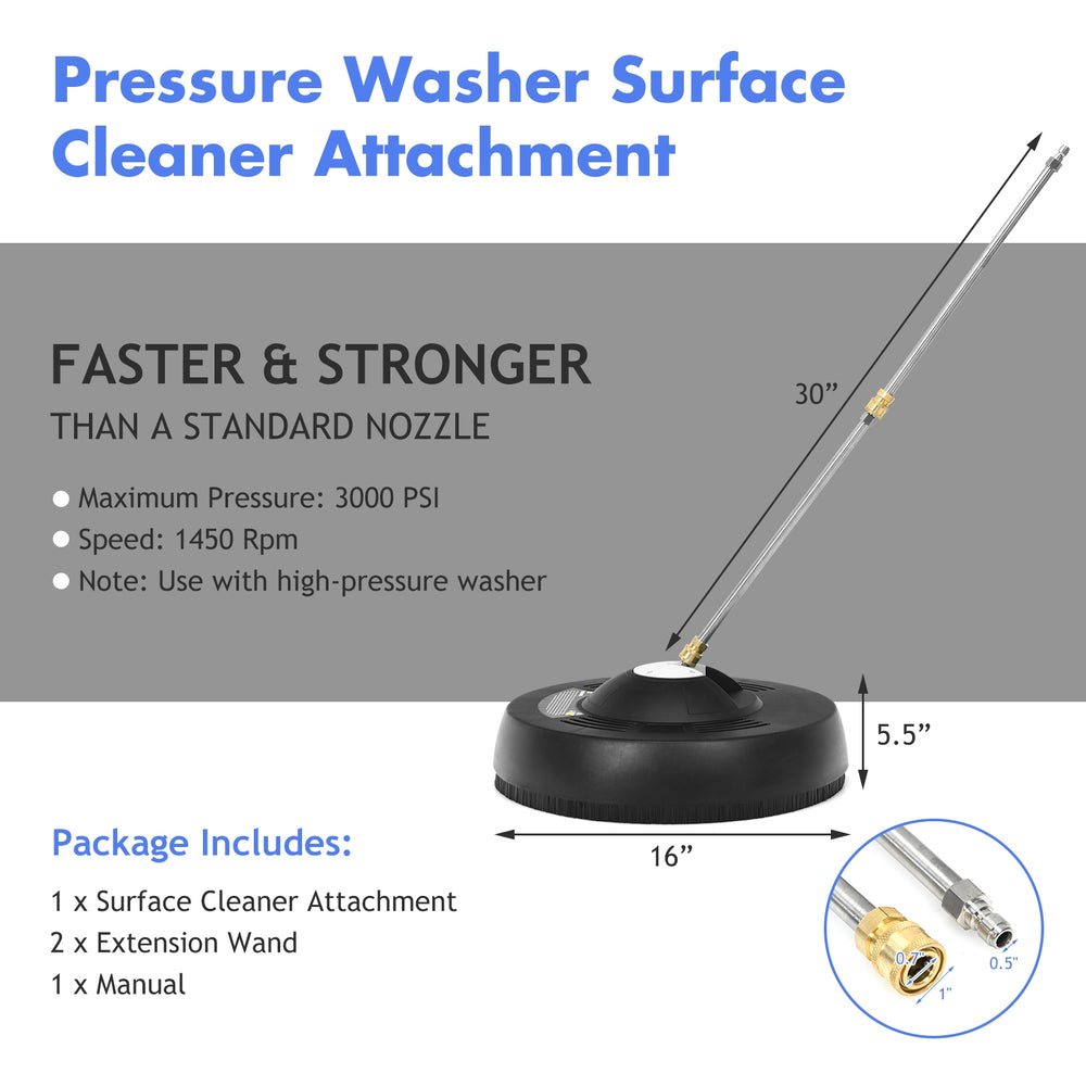 16-inch pressure washer surface cleaner attachment with two extension wands for efficient outdoor cleaning.