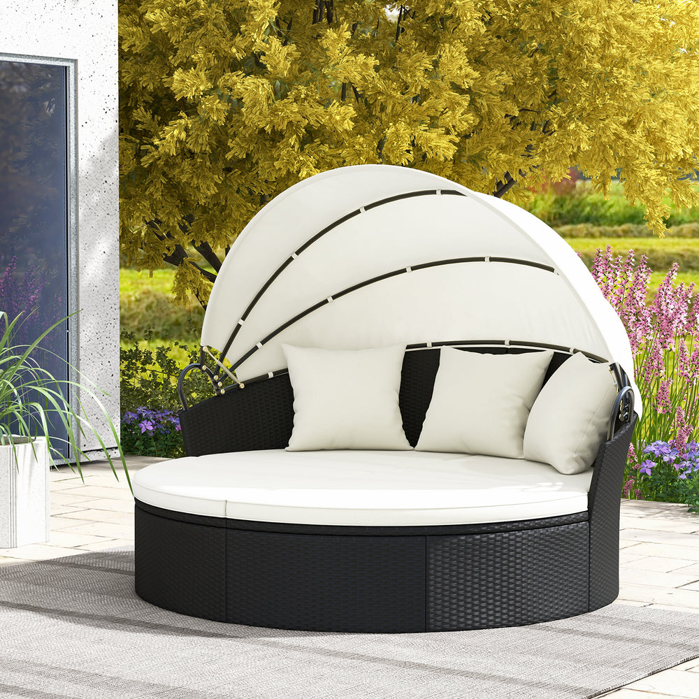 Clamshell Patio Round Daybed Wicker with Retractable Canopy and Pillows-Off White - Gallery View 1 of 10