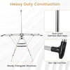 Clothes drying rack with adjustable height, stainless steel pipes, and stable triangular structure for versatile drying.