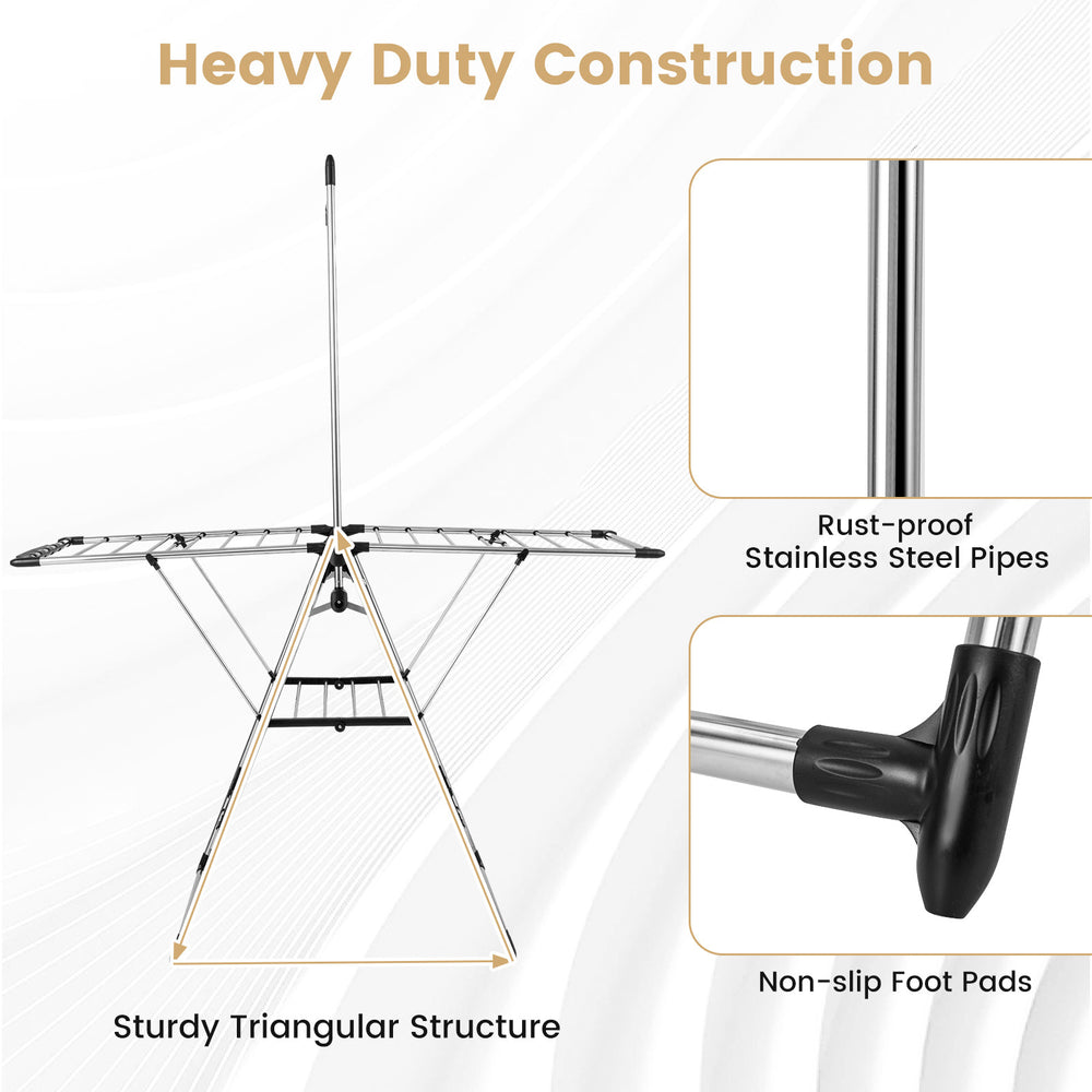 Clothes drying rack with adjustable height, stainless steel pipes, and stable triangular structure for versatile drying.