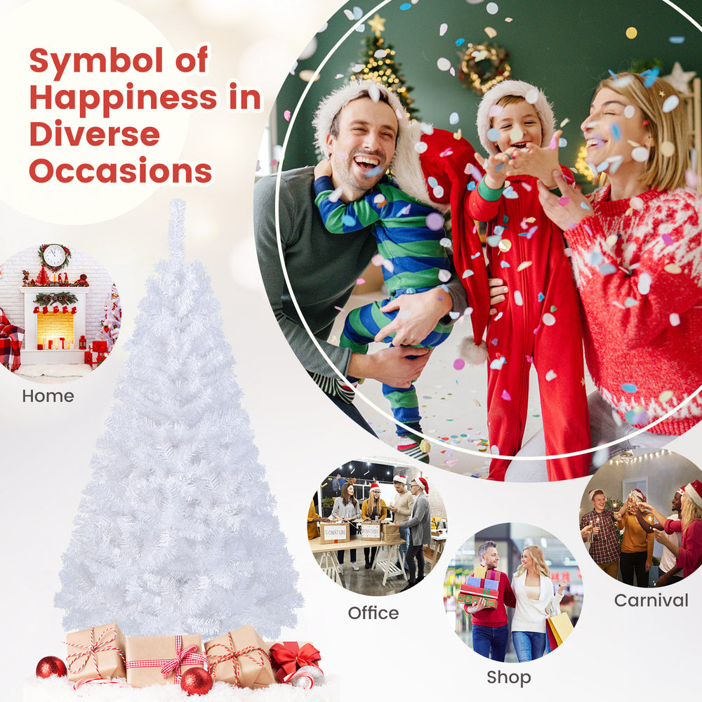 5 ft white artificial PVC Christmas tree showcasing its festive charm in a joyful holiday gathering setting.