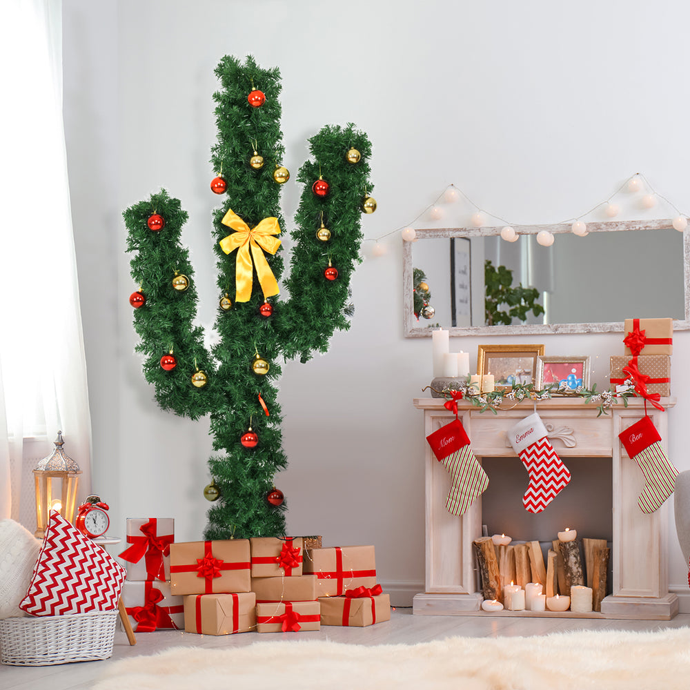 6-foot artificial cactus Christmas tree with LED lights and ball ornaments, perfect for festive home decoration.