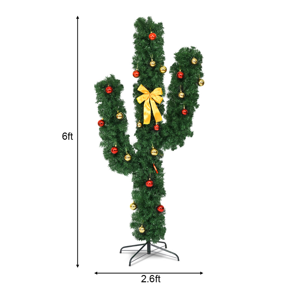 6-foot artificial cactus Christmas tree with detachable sections, adorned with vibrant ornaments and pre-lit LED lights.