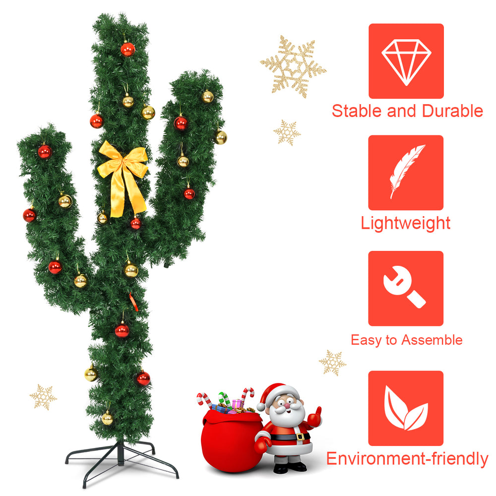 6-foot artificial cactus Christmas tree with LED lights and ball ornaments, featuring a sturdy iron base for stability.