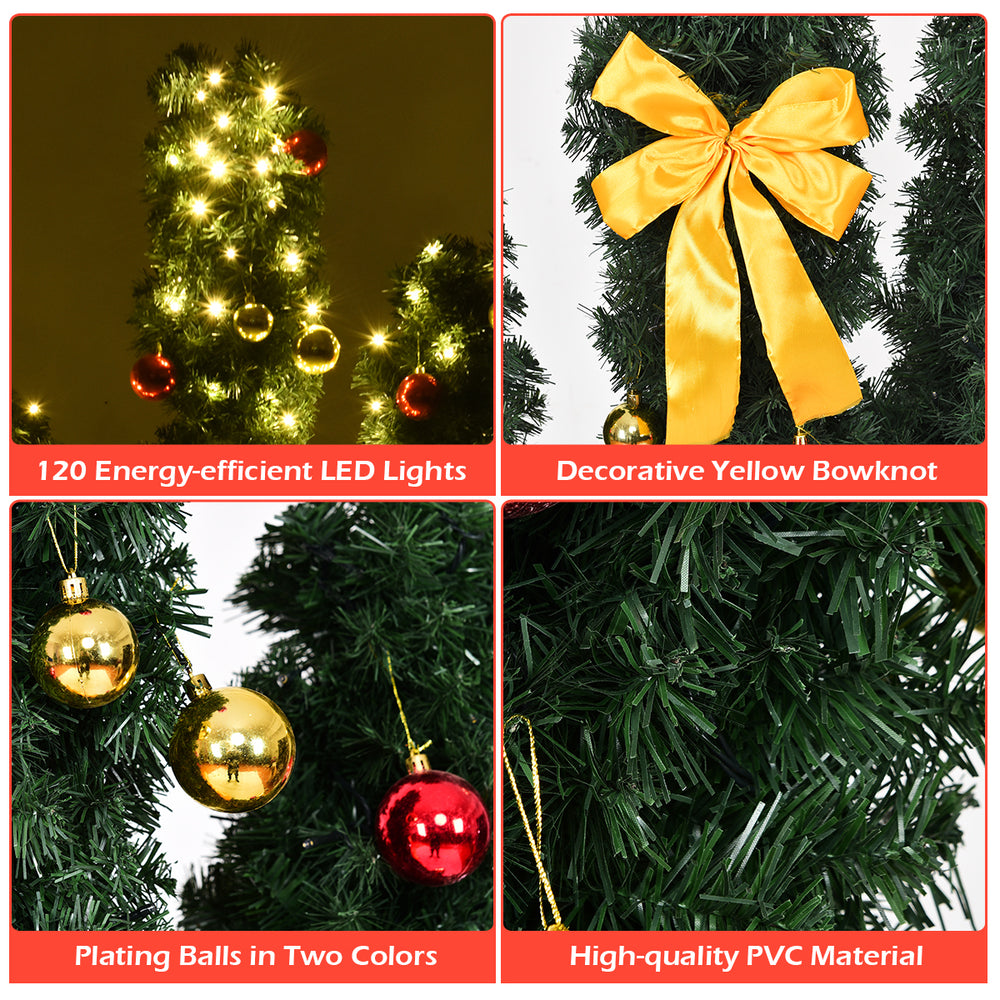 Cactus design 6 ft artificial Christmas tree with 120 LED lights, yellow bowknot, and two-color ball ornaments.