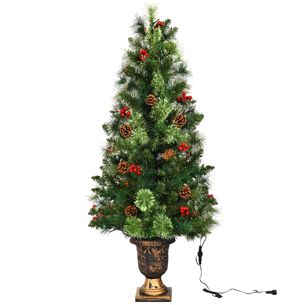 LED Christmas tree with red berries and pine cones in a gold urn, pre-lit with warm white lights for festive decor.