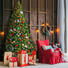 9-foot pre-lit PVC artificial Christmas tree with 700 LED lights, surrounded by festive decorations and gifts for.
