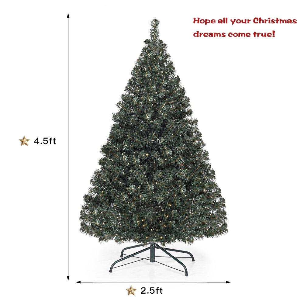 Close-up view of 4.5 feet pre-lit artificial Christmas tree showcasing dense PVC branches and warm white LED lights.