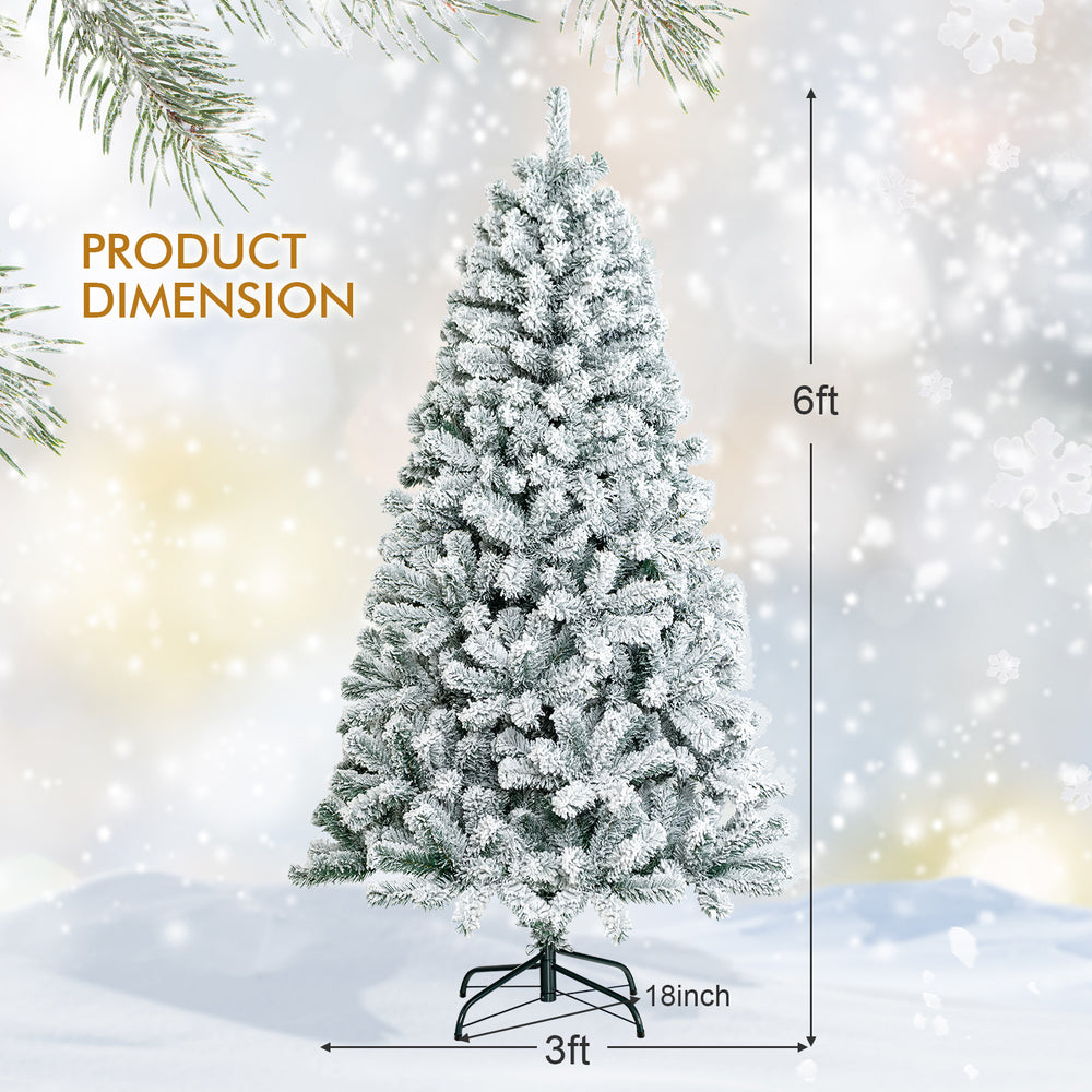 6ft snow flocked artificial Christmas tree with 600 branch tips and sturdy metal stand, perfect for festive decoration.