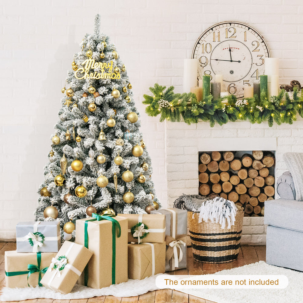 6 feet flocked Christmas tree with snow-covered branches and presents, perfect for festive home decoration.