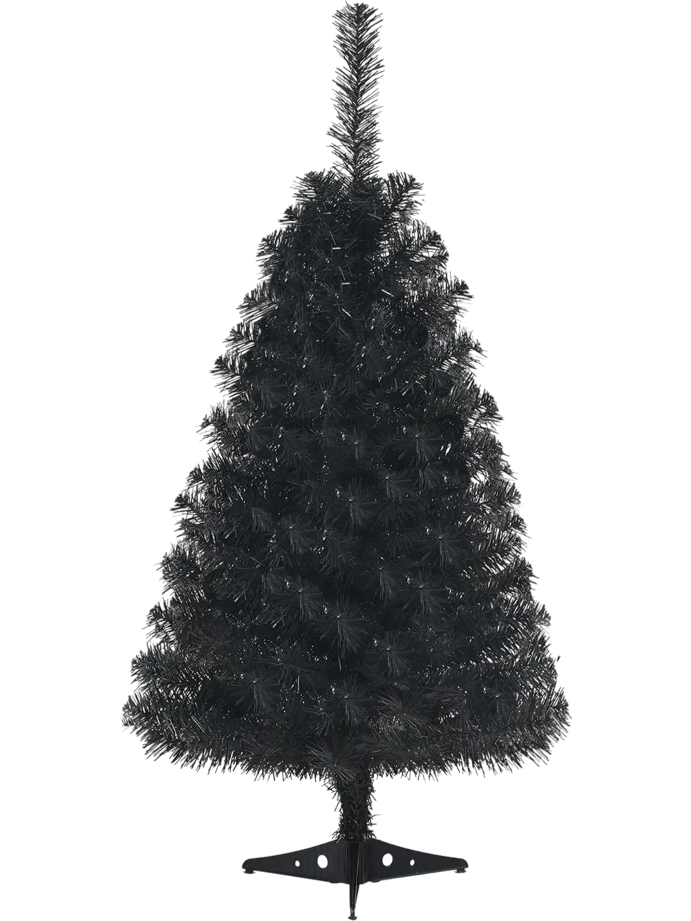 Black 3-foot unlit artificial Christmas and Halloween mini tree with 116 branch tips and triangular plastic stand.