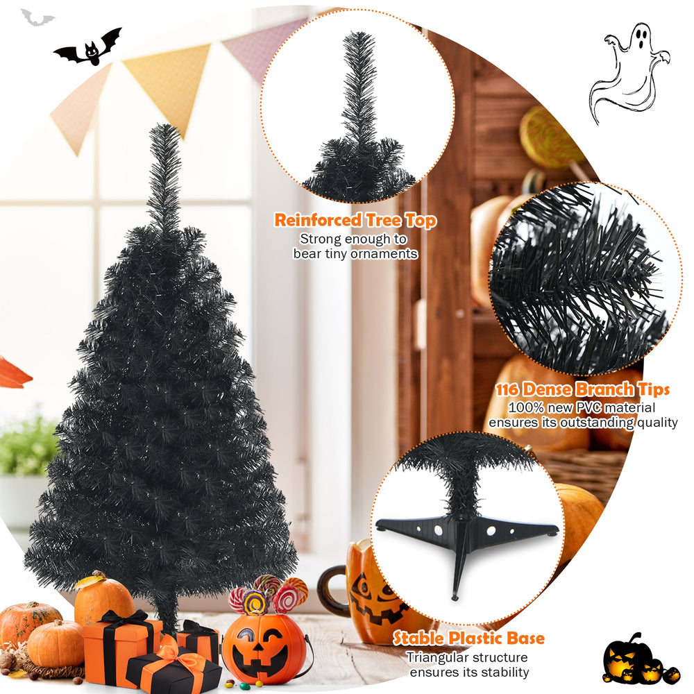 Black 3 feet mini artificial tree with 116 branch tips and stable triangular base, perfect for Halloween and Christmas.