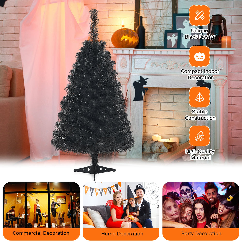 Compact black unlit 3-foot artificial tree with 116 branch tips, ideal for enhancing Halloween and Christmas décor.
