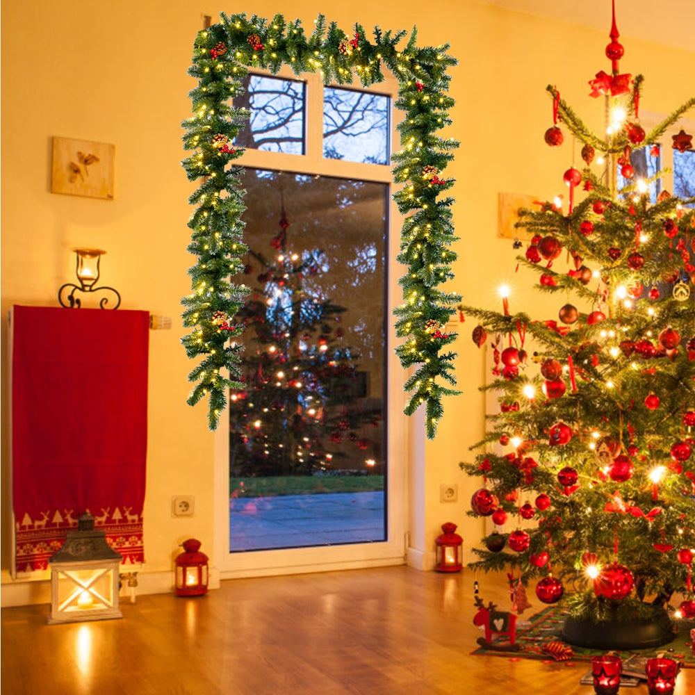 9FT pre-lit artificial Christmas garland with a mix of light green PE and PVC tips, perfect for vibrant holiday decor.