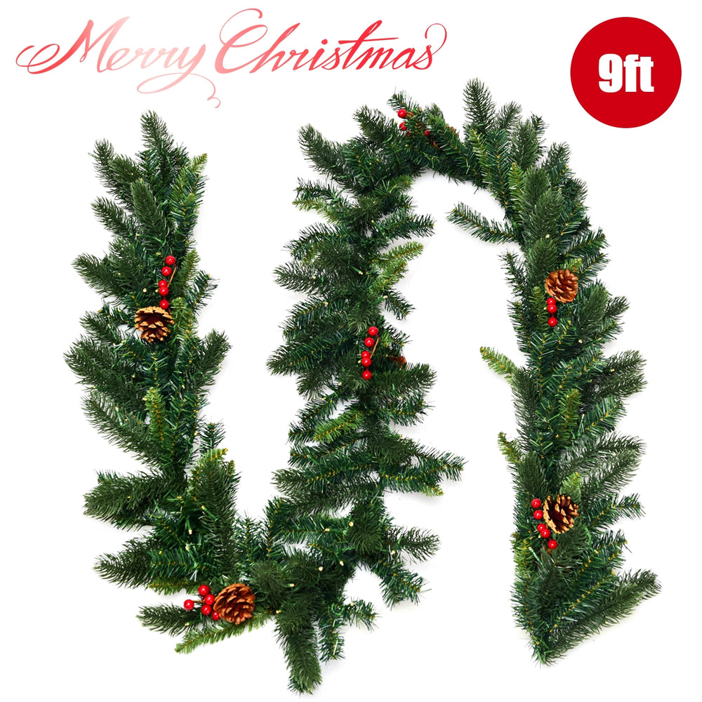 9FT pre-lit artificial Christmas garland featuring vibrant red berries and pine cones, ideal for adding holiday cheer.