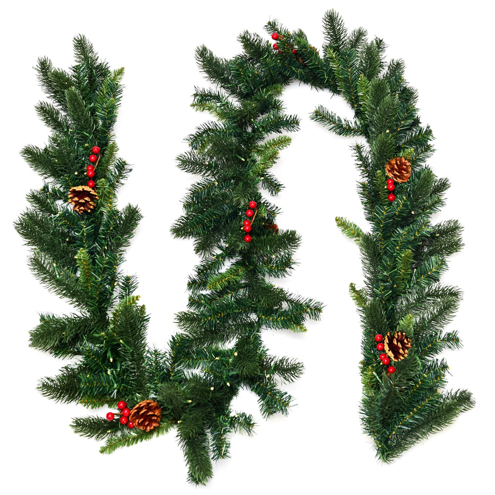 9FT pre-lit artificial Christmas garland showcasing a lush design with red berries and pine cones, ideal for festive.