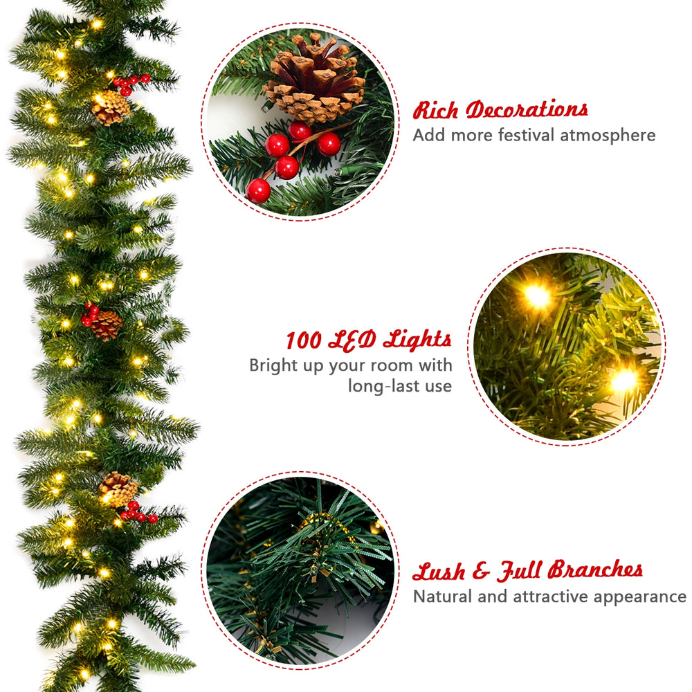 9FT pre-lit artificial Christmas garland with red berries, pine cones, and 100 LED lights for festive indoor or outdoor.