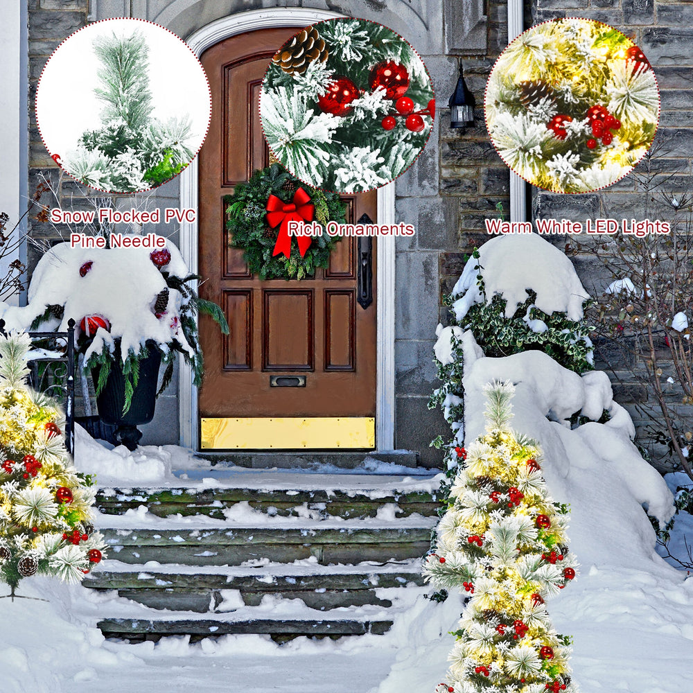 Pre-lit 2-foot Christmas tree set with snow flocked PVC leaves, rich ornaments, and warm LED lights for festive.