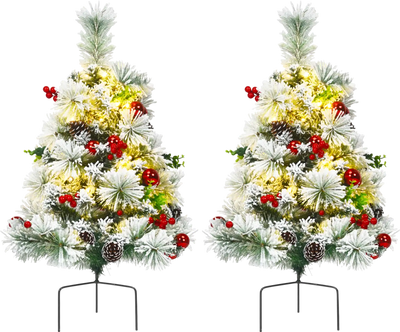 Costway Set of 2 Pre-lit Flocked Christmas Pathway Trees 2' Battery Powered 17634809 New