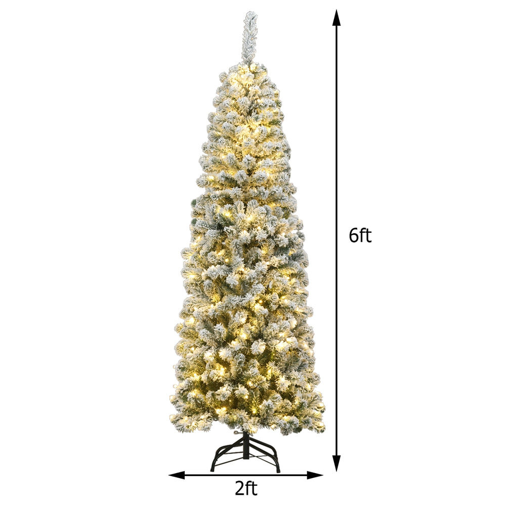 6ft pre-lit snow flocked artificial pencil Christmas tree with 250 LED lights, perfect for small spaces and festive.