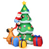 Colorful inflatable Christmas tree with Santa climbing, a puppy, and gift boxes, illuminated with LED lights for.