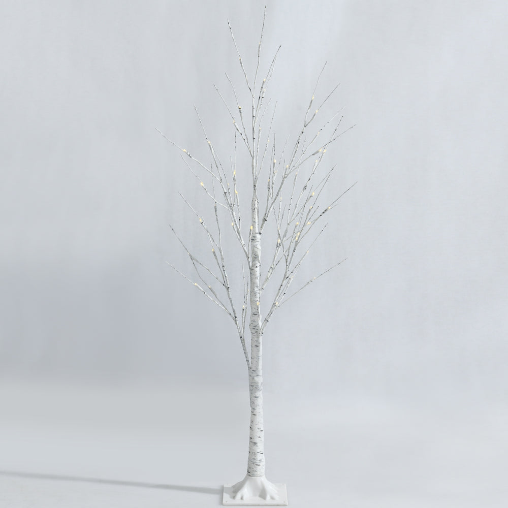 Pre-lit 4 ft white twig birch tree with 48 LED lights, flexible branches for customizable shapes, perfect for holiday.