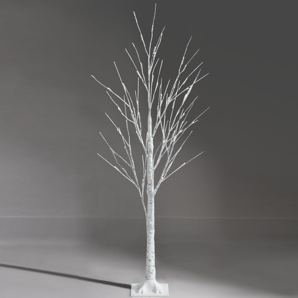 Pre-lit 4 ft white twig birch tree with 48 LED lights, featuring bendable branches for customizable holiday decor.