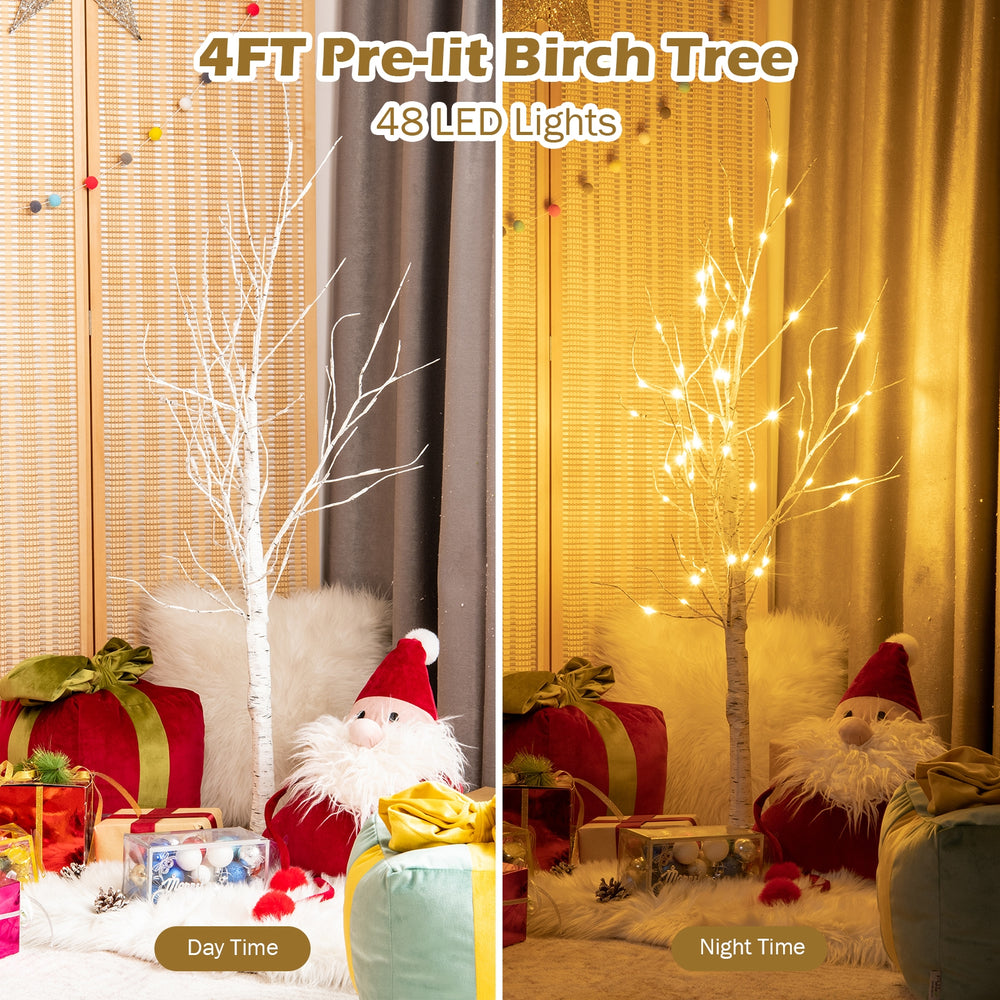 4FT pre-lit white twig birch tree with 48 LED lights, perfect for festive indoor holiday decoration.