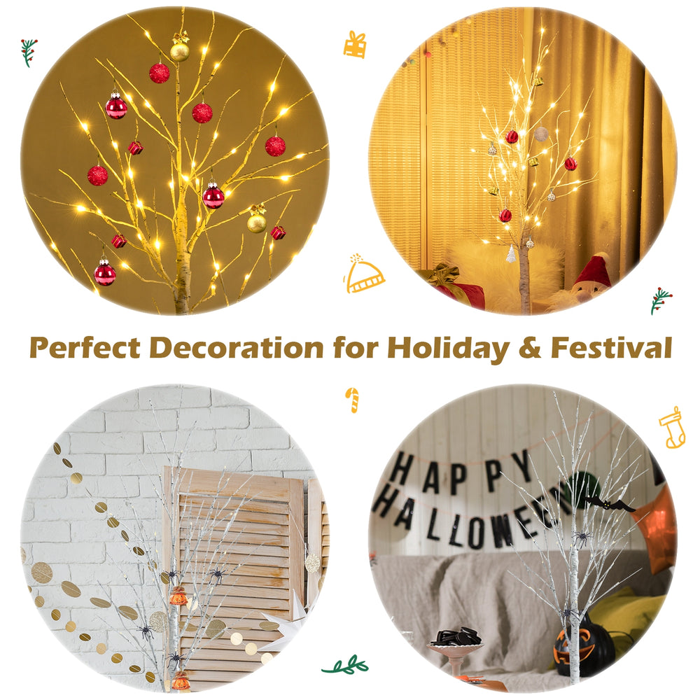 5 feet pre-lit white twig birch tree with 72 LED lights, perfect indoor decoration for Christmas and holiday festivals.