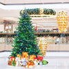 Pre-lit 7ft artificial Christmas tree with colorful LED lights and wrapped gifts, perfect for festive holiday decor.