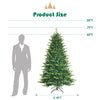 7ft pre-lit artificial Christmas tree with hinged branches and app-controlled LED lights for festive decoration.