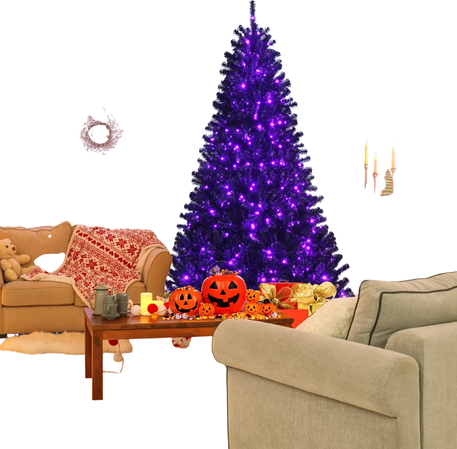 Costway 7' Black Artificial Halloween Christmas Tree Purple LED Lights 89463207 New