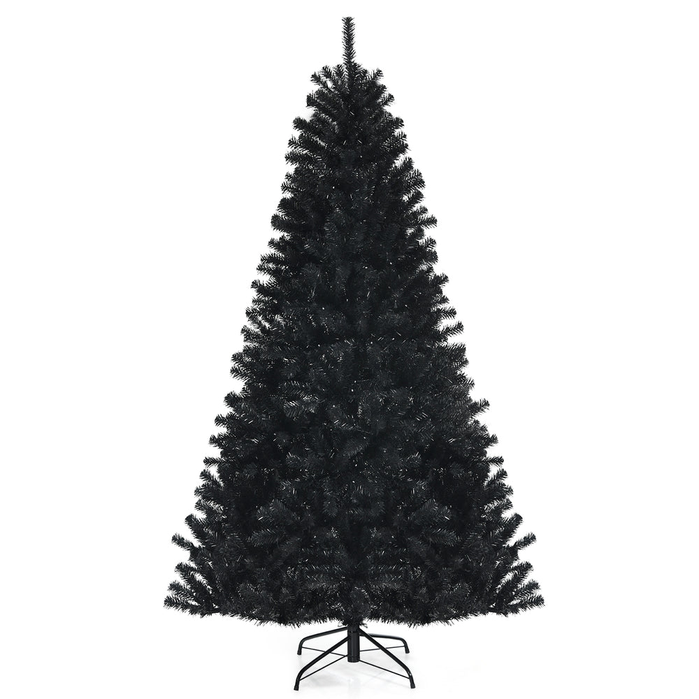 Black 7ft artificial Christmas Halloween tree with purple LED lights, featuring lush branches for festive decor.
