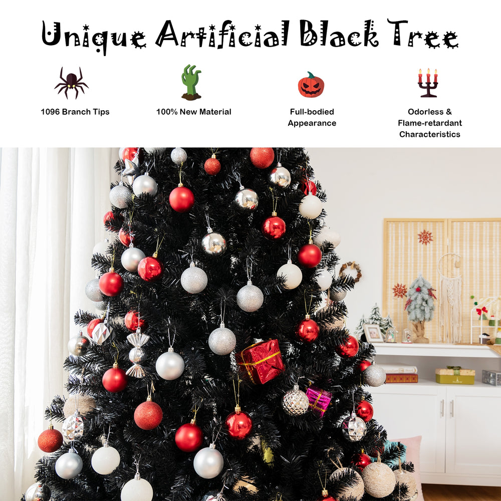 Black artificial Christmas Halloween tree, 7 ft tall, with purple LED lights, perfect for festive holiday decorations.
