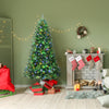 Full-bodied 7' artificial Christmas tree with remote-controlled color-changing LED lights, decorated for festive.